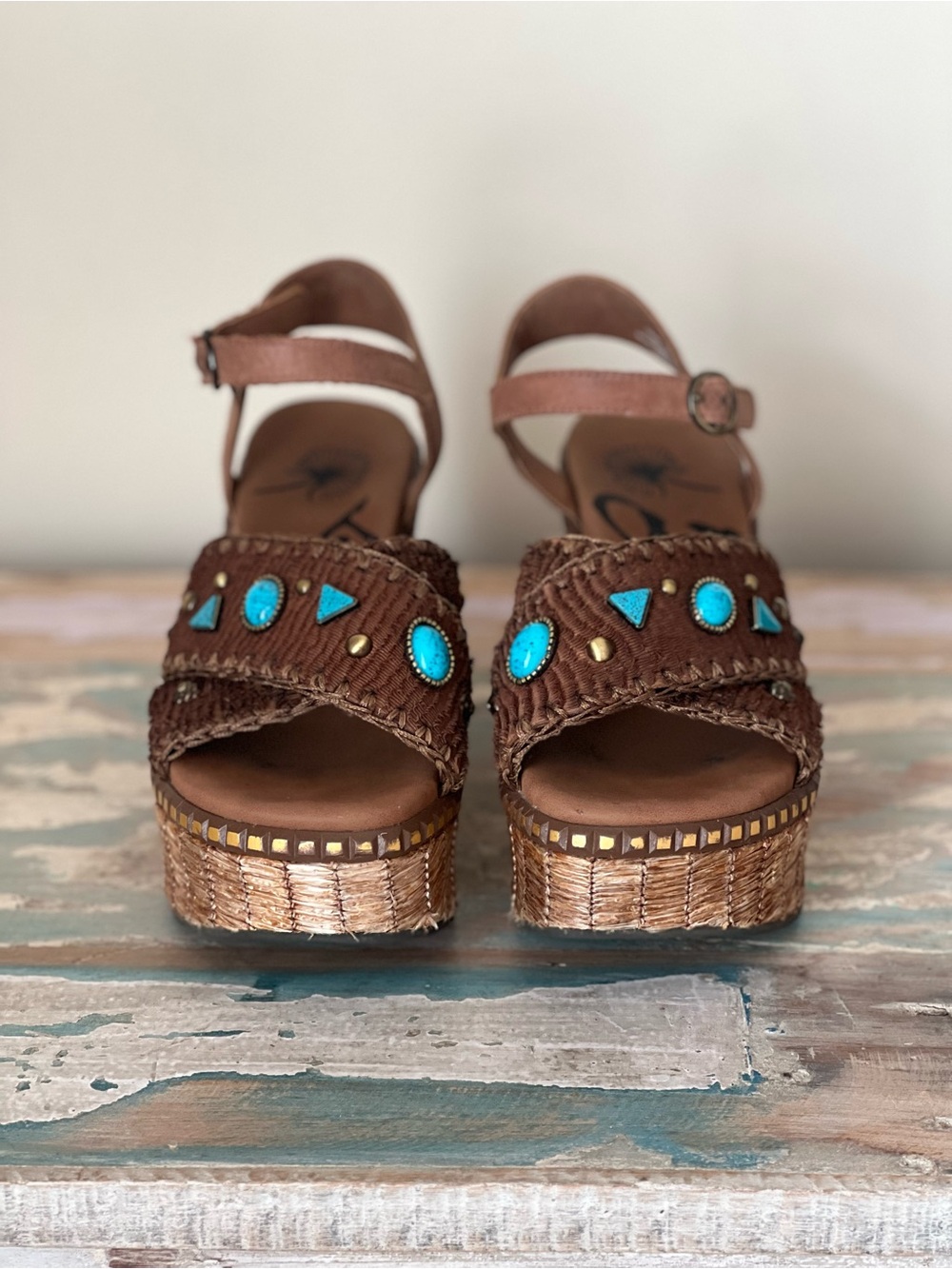 OTBT Brown Woven Wedge Sandals with Turquoise Accents